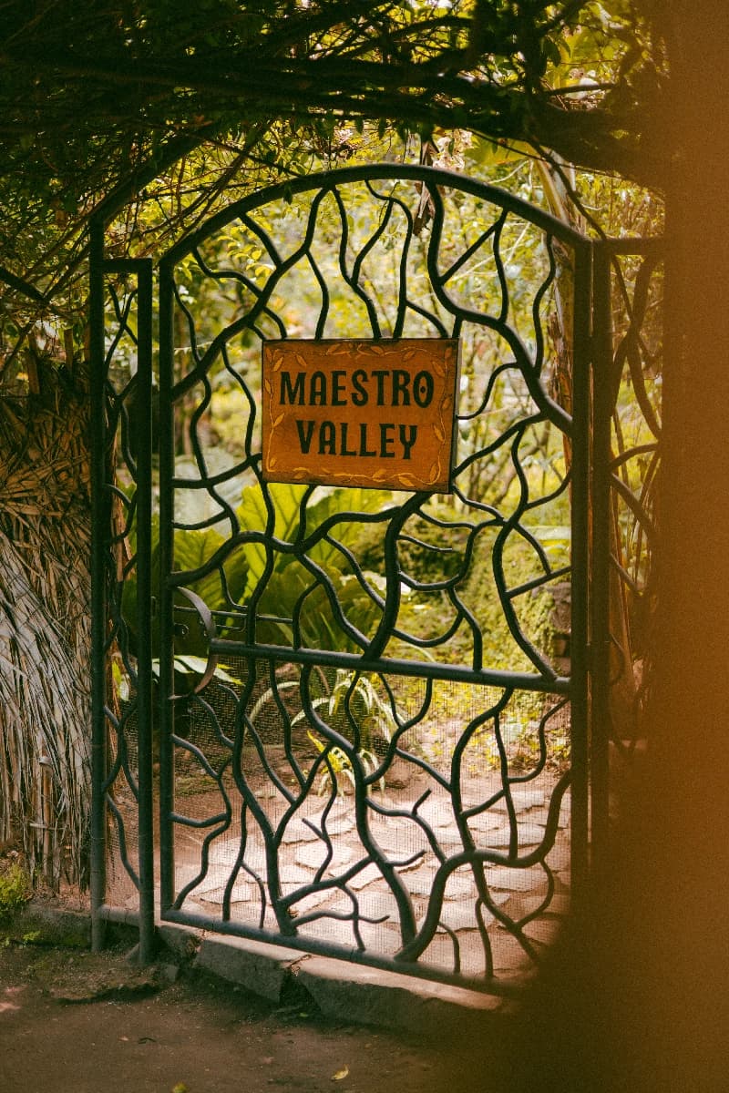 The handcrafted Maestro Valley entrance gate surrounded by jungle greenery